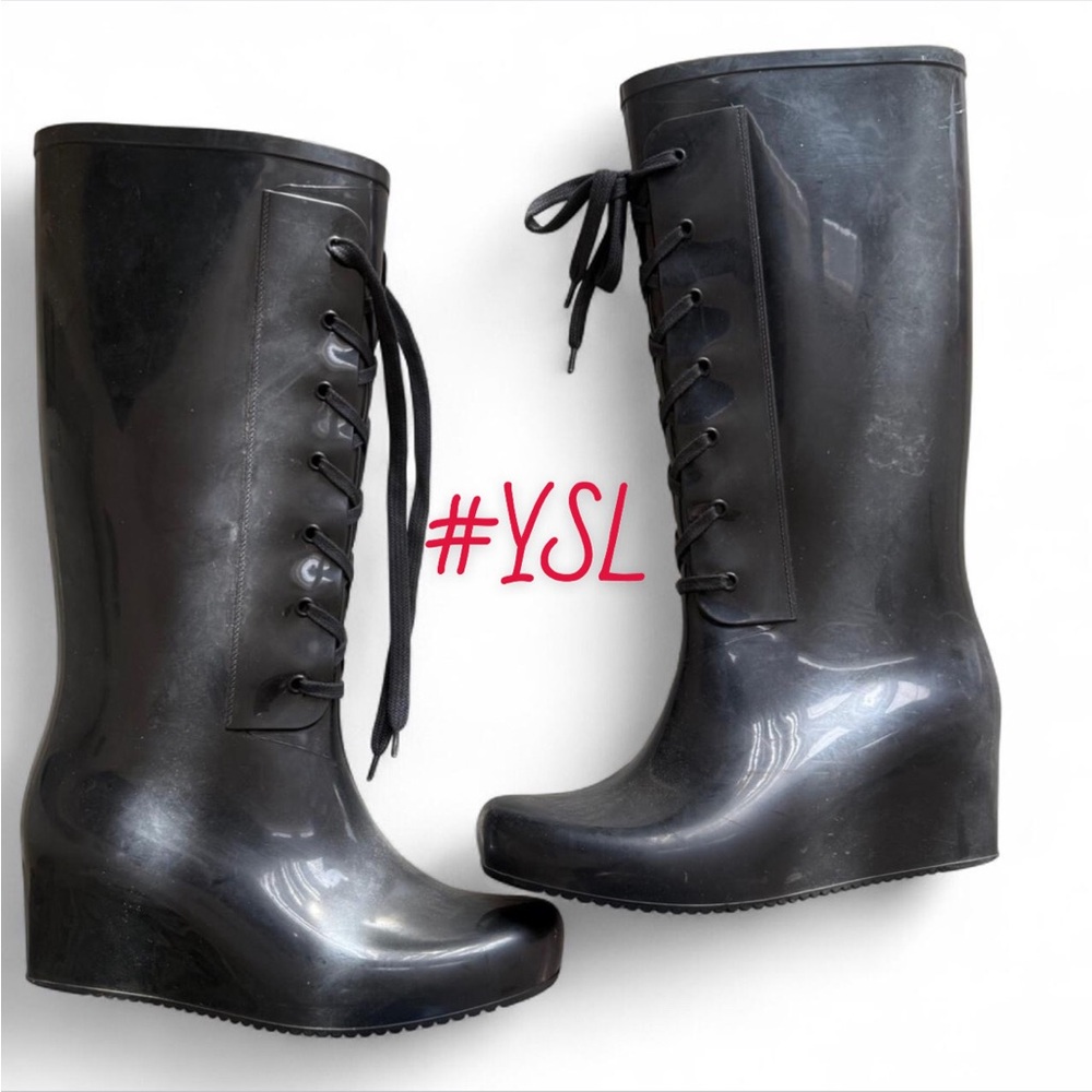 Yves Saint Laurent Women's Glossy Black Lace-Up Rain Boots